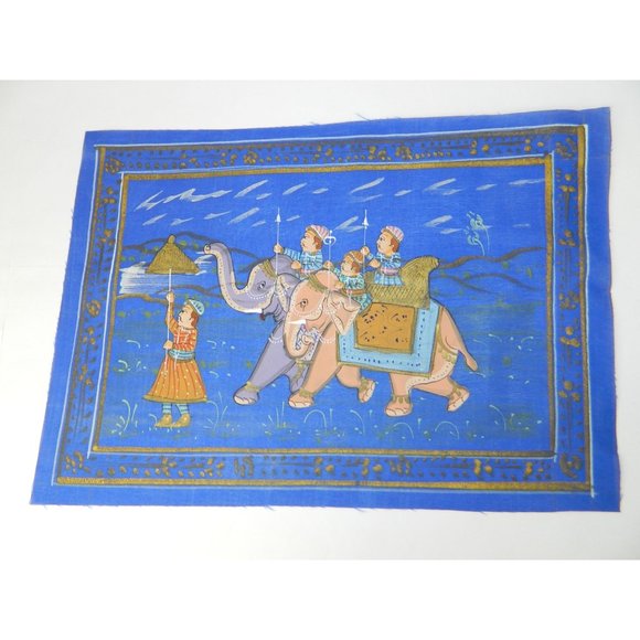 Blue Silk Elephant Folk Art Asian Silkscreen Print 12" X 9" - Picture 1 of 12
